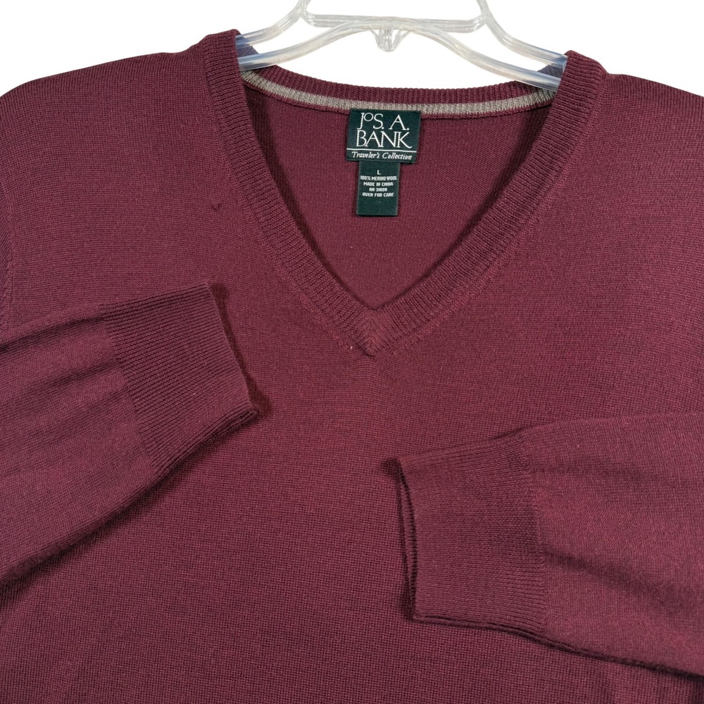 Jos. A. Bank V-Neck Sweater Mens Large Burgundy 100% Merino Wool
